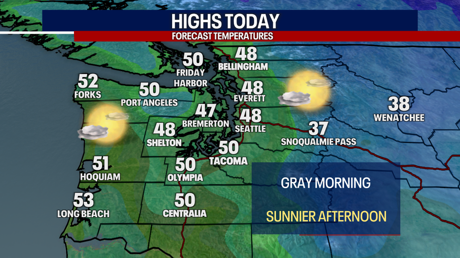 Partly sunny skies, dry weather and highs in the upper 40s are expected in Seattle.