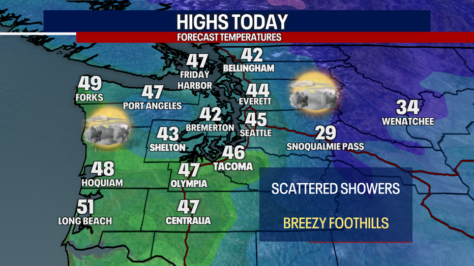 A map showing the high temperatures forecast for Thursday in Western Washington.