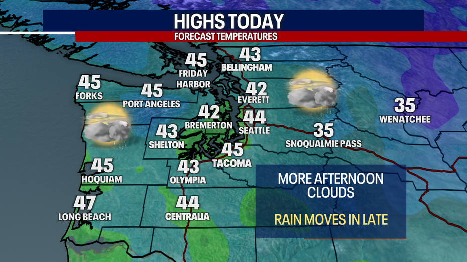 A map showing the high temperatures expected for Thursday in western Washington.