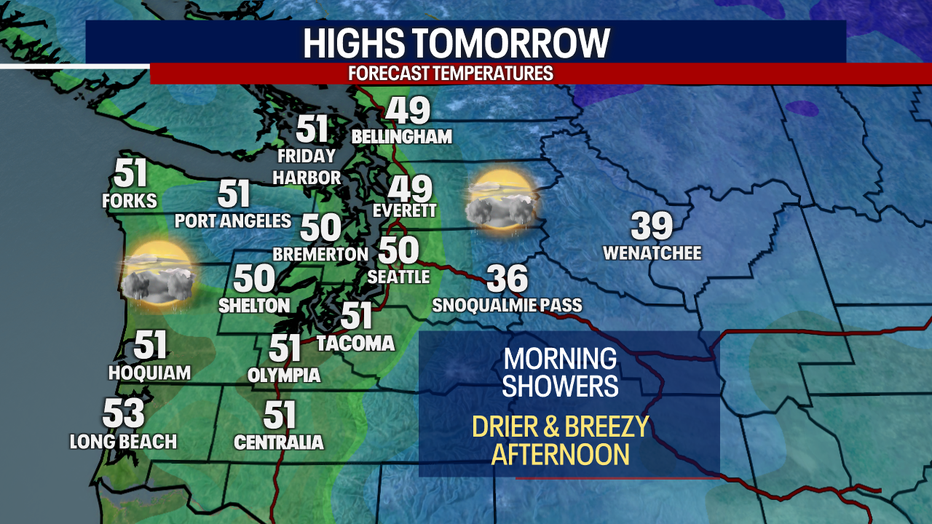 Map showing forecast highs for Sunday.