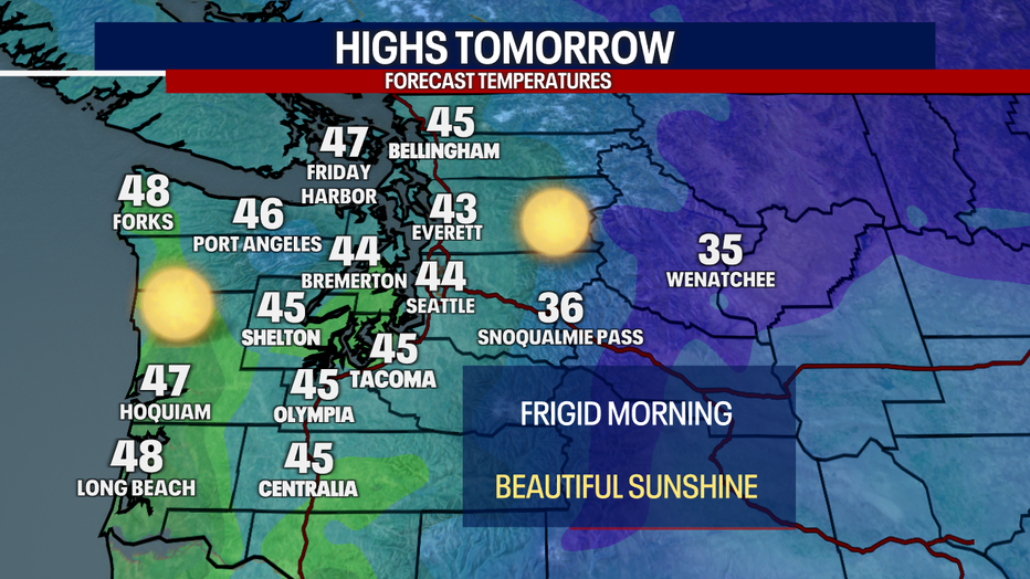 Map showing forecast high temperatures for Saturday.