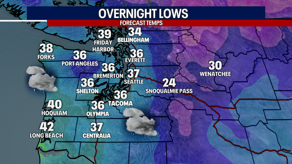 Overnight lows around Western Washington Thursday morning. 