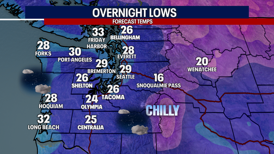 Map showing overnight lows around Western Washington