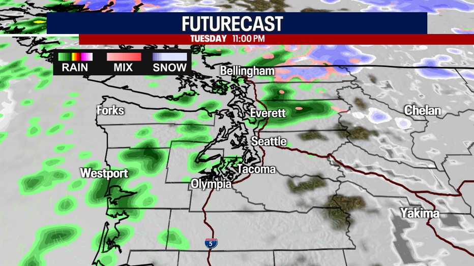 Showers are possible Tuesday evening north of Seattle.