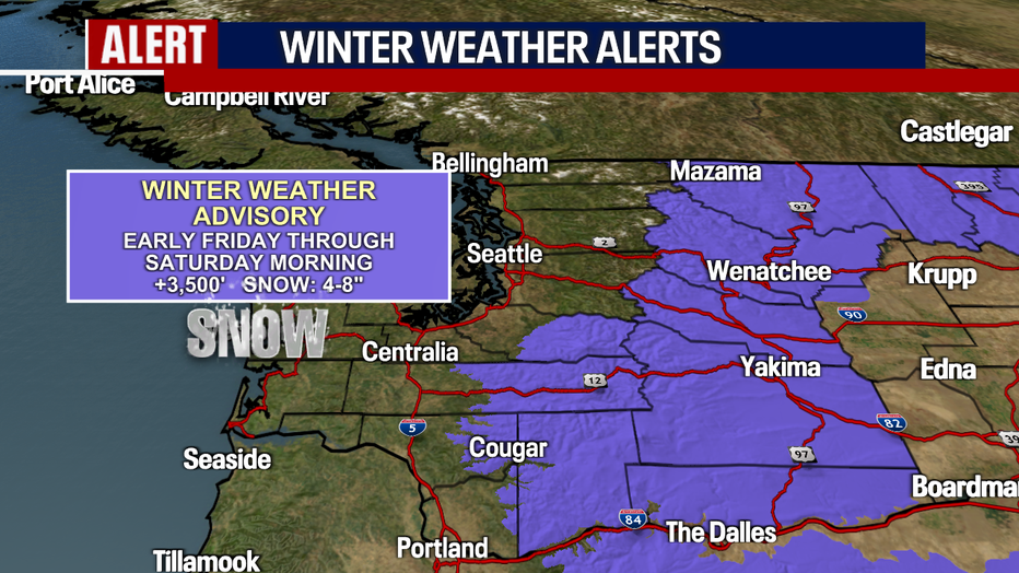 A map showing the area of a Winter Weather Advisory in the Washington Cascades.