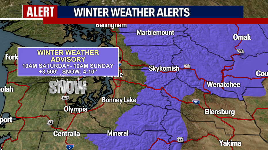 A map showing the area of a Winter Weather Advisory in the Washington Cascades.