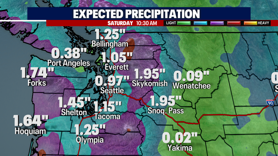 A map showing the expected rainfall in western Washington for the next 48 hours.