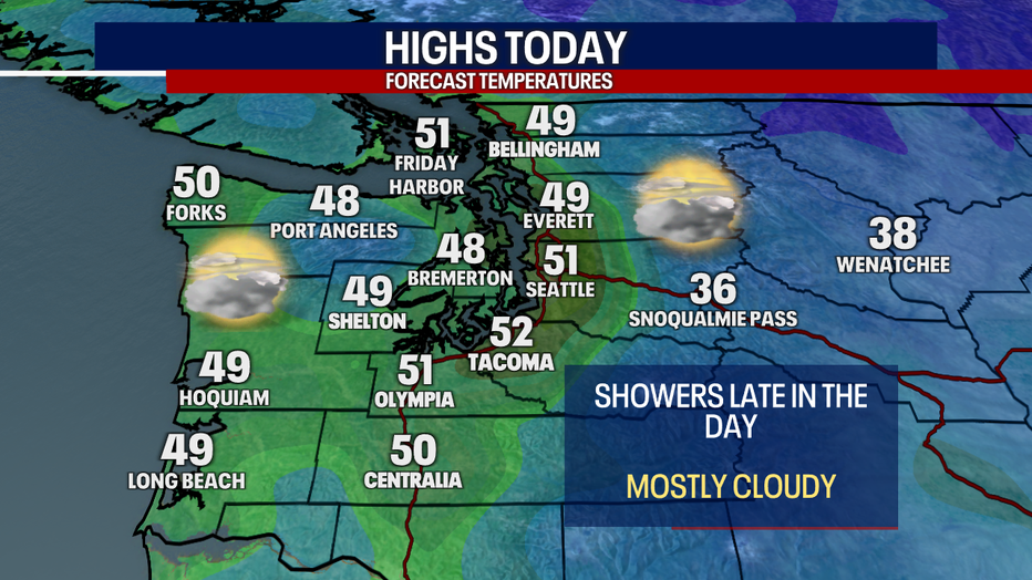 A map showing the high temperatures forecast for Tuesday in Western Washington.