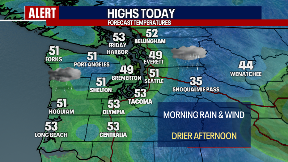 A map showing the high temperatures forecast for Tuesday in Seattle.