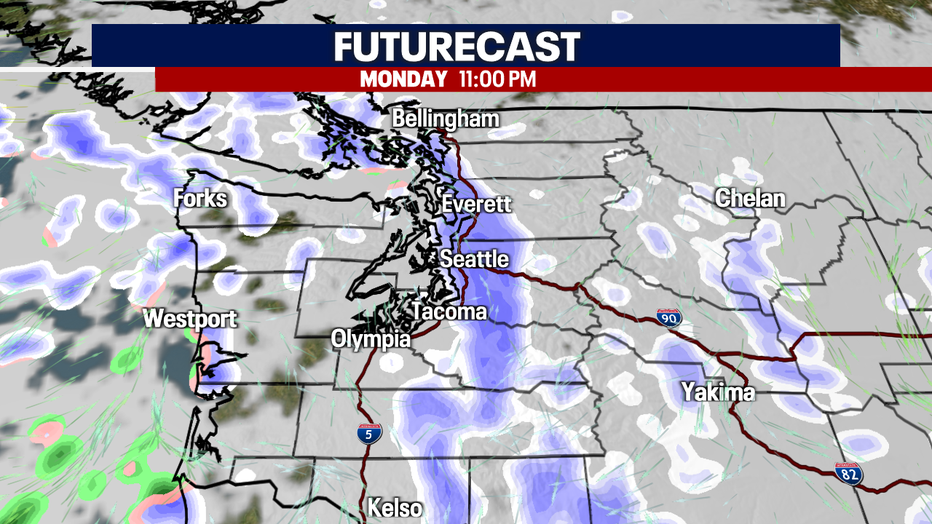 A card showing Futurecast's snow forecast early at the end of Monday night.