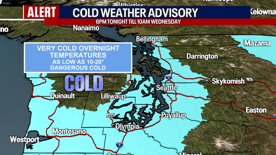 Map showing cold weather advisory beginning tonight.