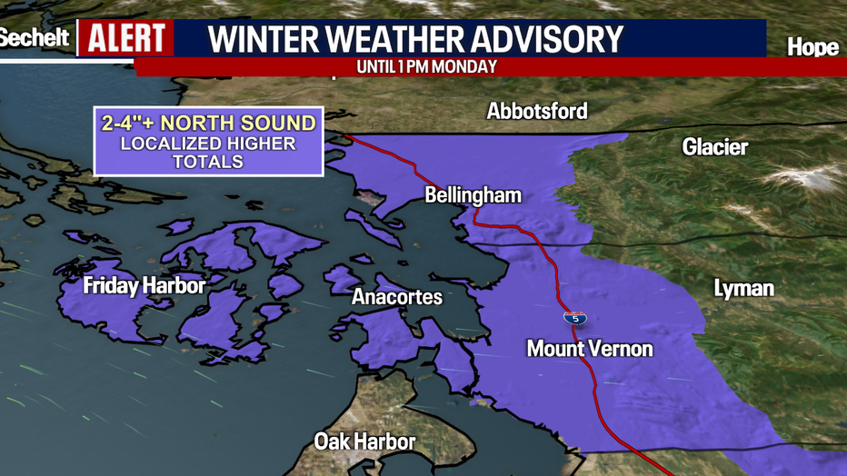 Snowy weather is hit-or-miss in the northern sound through Monday.