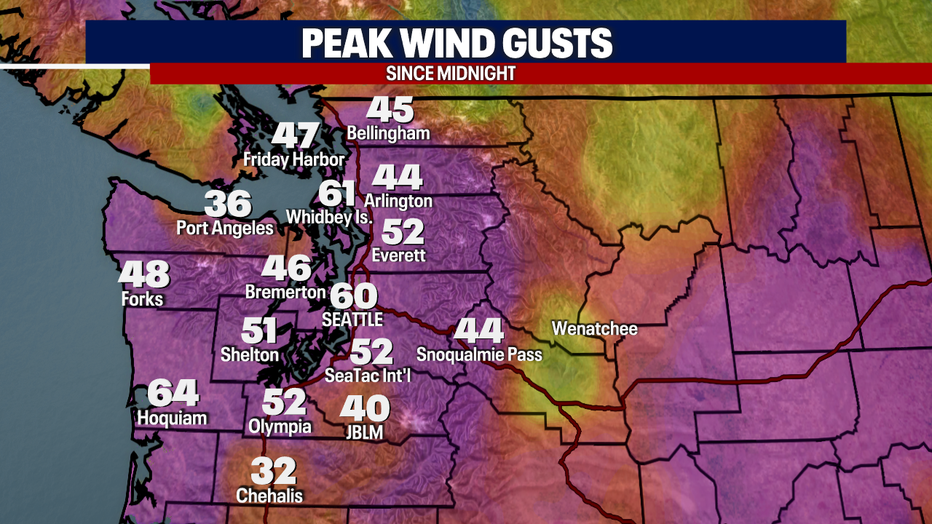 A map showing peak wind gusts in Western Washington.