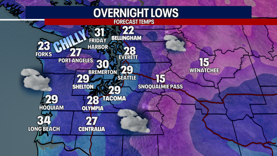 Map showing overnight low temperatures around Western Washington.