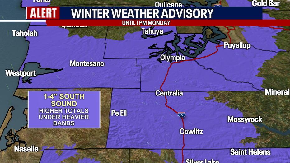 Snow could develop south of Seattle in Olympia until Monday.