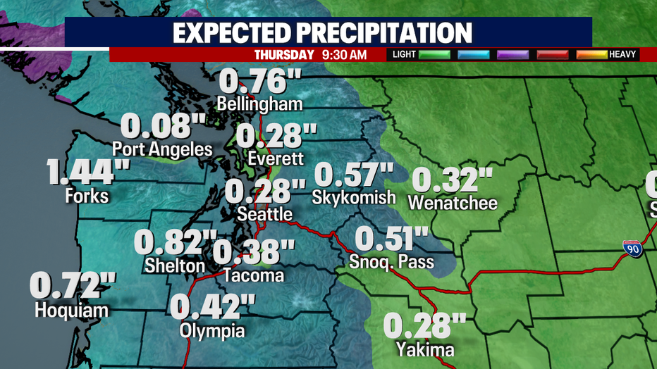A map showing the expected precipitation through Thursday morning in Western Washington.