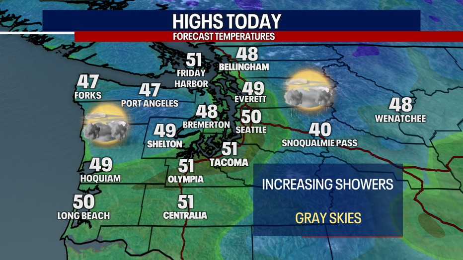A map showing the high temperatures forecasted in Western Washington Tuesday.