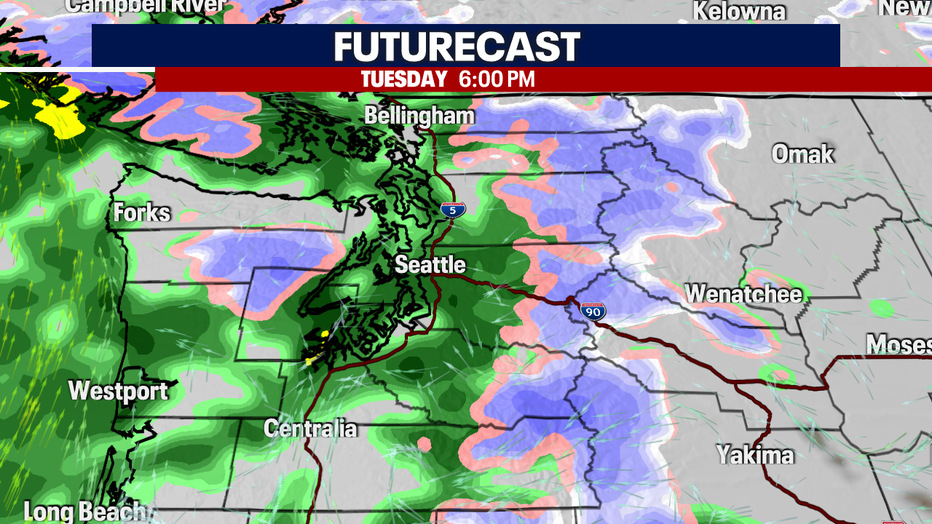 A map showing the futurecast for rain in Western Washington.