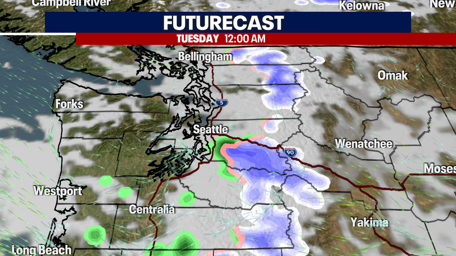 A map showing the futurecast rain for Tuesday afternoon. 