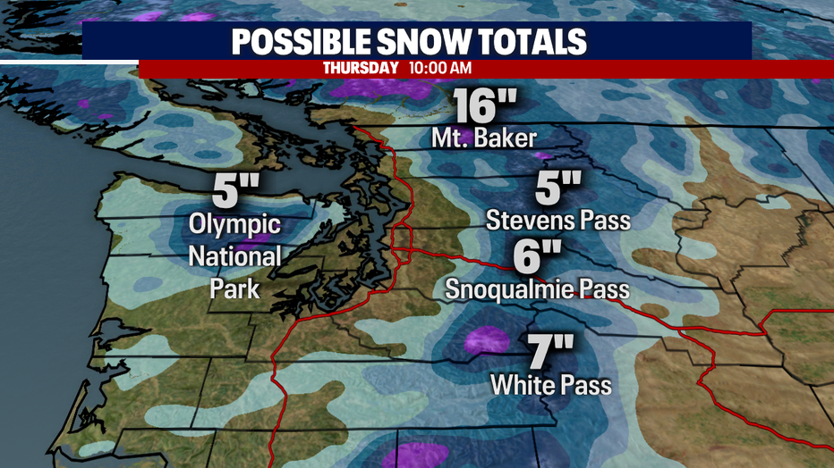 A map showing the Futurecast snow totals in the Washington Cascades