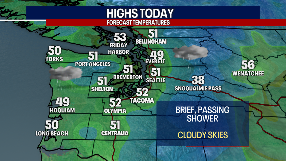 Highs will lift to the upper 40s to the low 50s in Seattle.