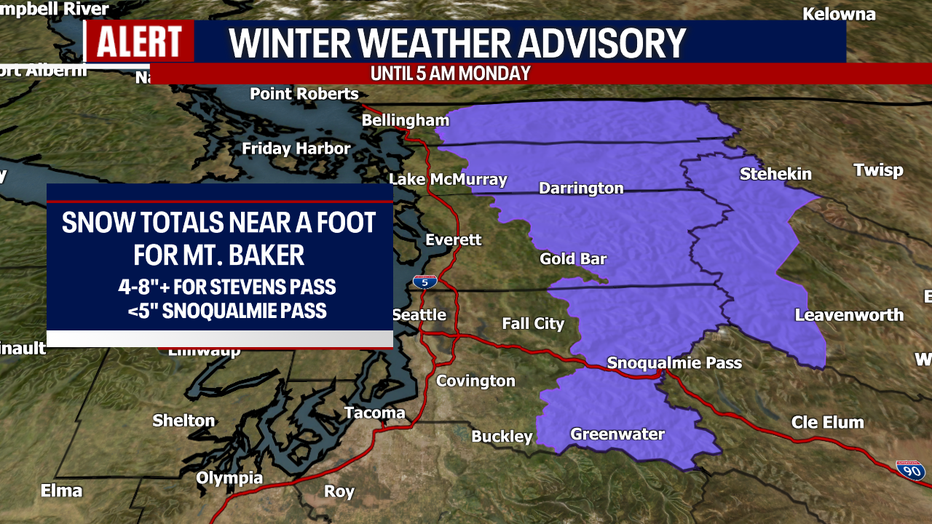 Snowy weather can be expected over Stevens and Snoqualmie Passes Sunday night.
