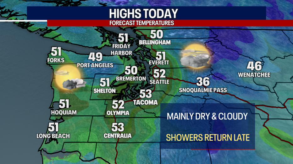 A map showing the high temperatures for Friday in Western Washington.