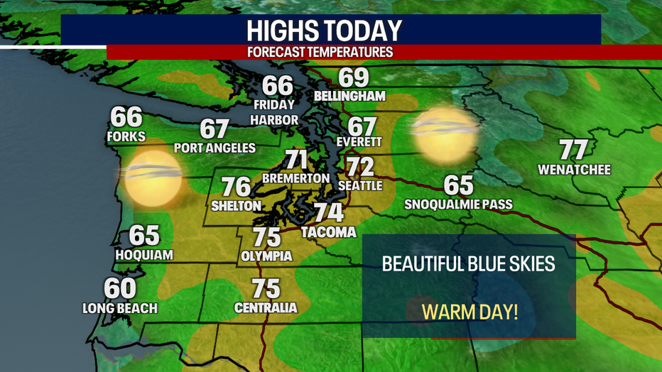 A map showing the high temperatures expected in Western Washington Friday.