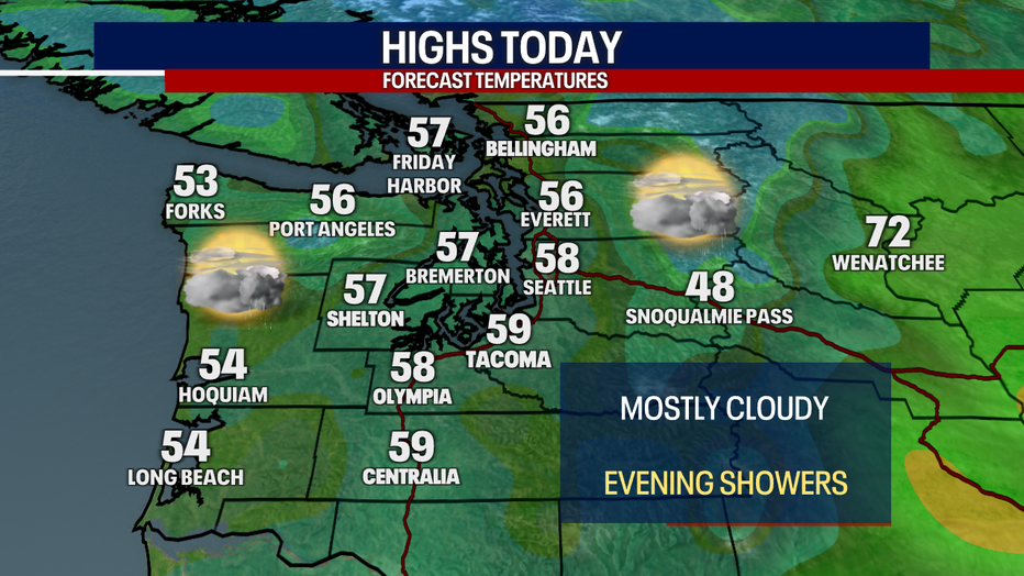 A map showing the high temperatures forecast for Monday in Western Washington.
