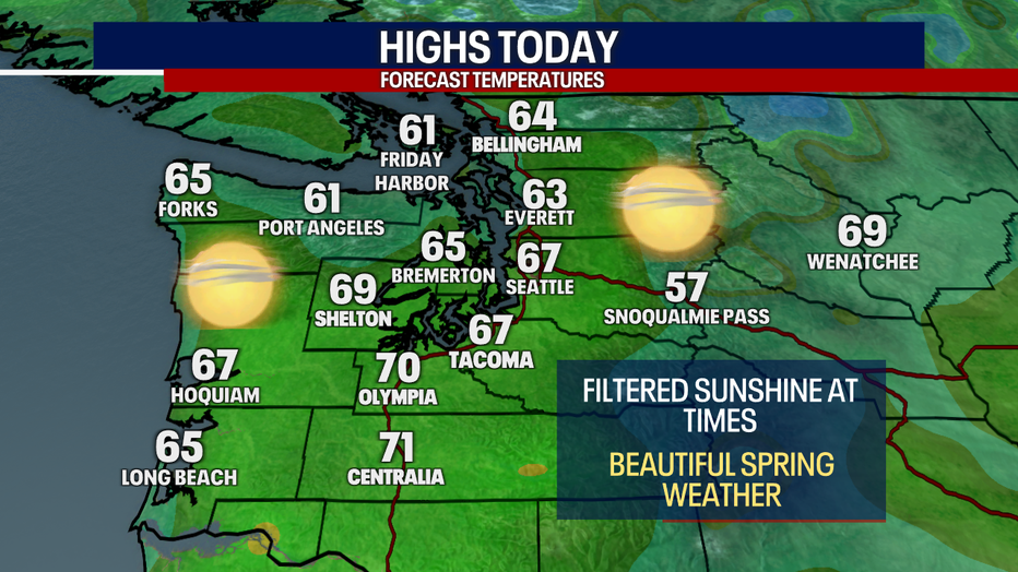 A map showing the high temperatures forecast for Monday in Western Washington.