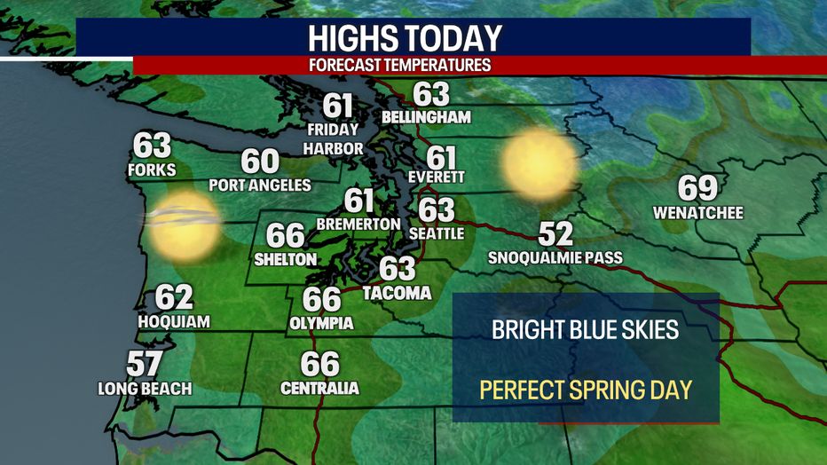 A map showing the high temperatures forecast Wednesday in Western Washington.