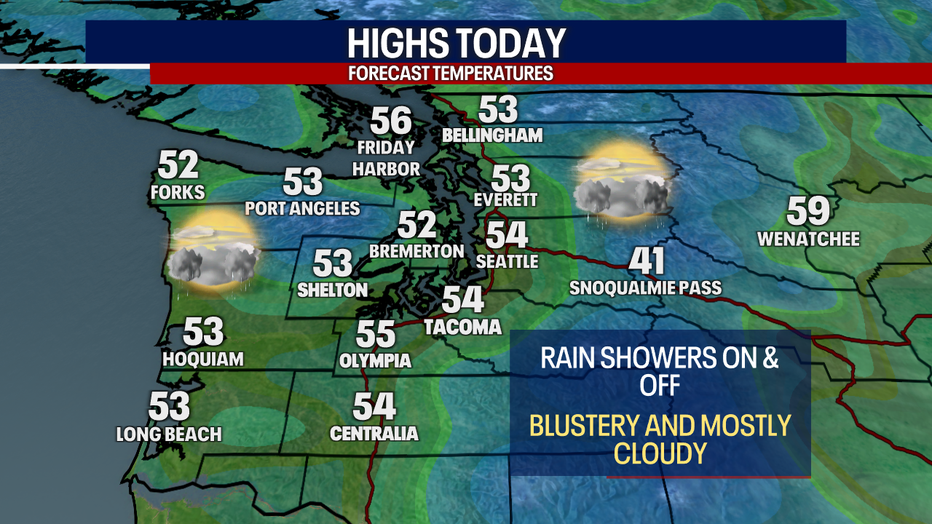 People in Seattle can expect mostly cloudy, breezy and damp weather on Tuesday.