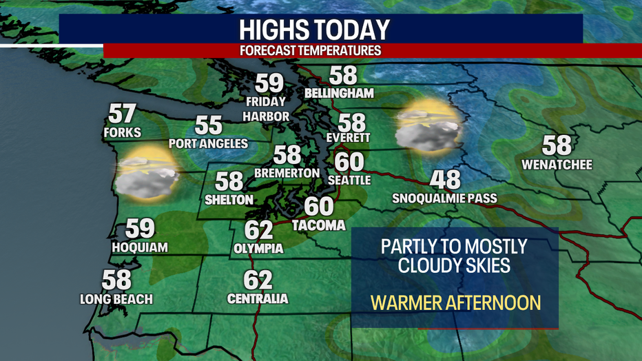Temperatures will boost to the low 60s in the greater Seattle area on Wednesday.