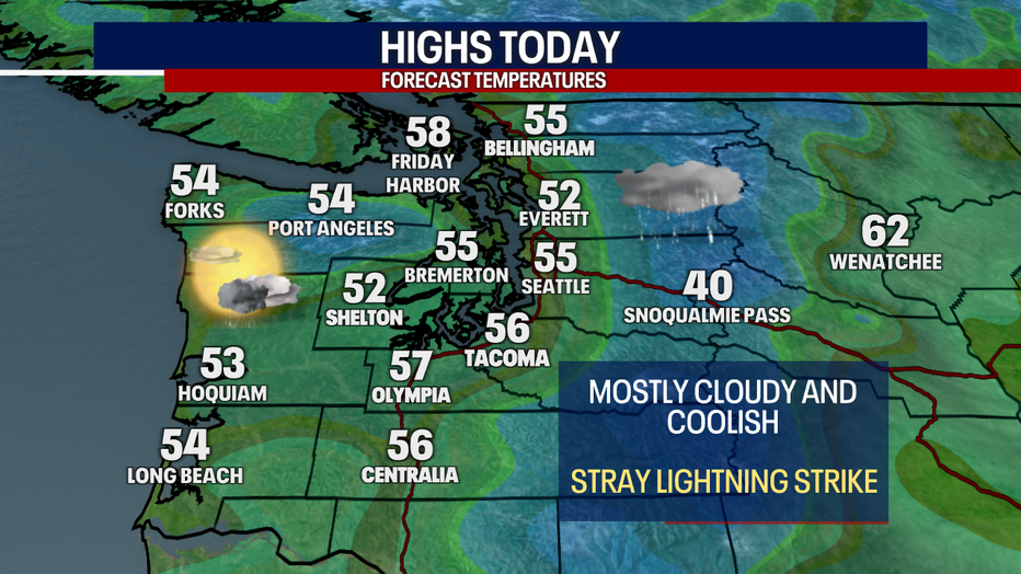 Scattered showers, mostly cloudy skies and highs in the 50s are forecast in Seattle on Easter Sunday.