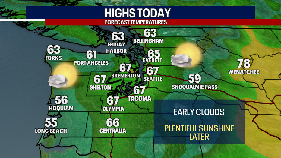 Highs will reach the mid to upper 60s in Seattle on Saturday.
