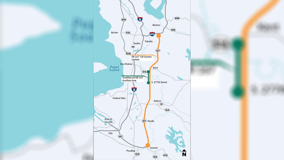 The SR 167 Corridor Improvements Project is comprised of the SR 167 Toll Equipment Upgrade Project (shown in orange) and the SR 167, SR 516 to South 277th Street Southbound Auxiliary Lane Project (shown in green).