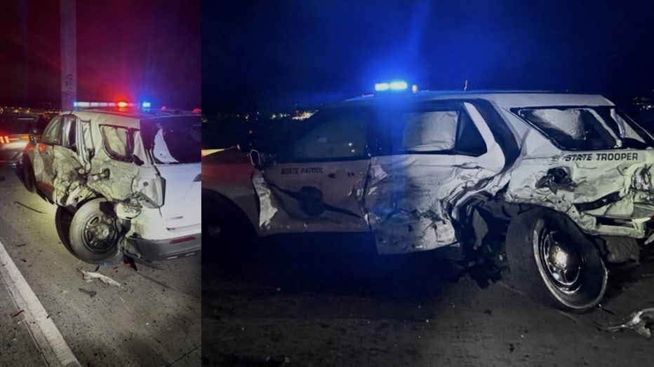 A driver was arrested early Monday after crashing into a Washington State Patrol (WSP) trooper's vehicle near Boeing Field. WSP Trooper Rick Johnson shared photos of the crash on social media at around 7:28 a.m. According to authorities, the trooper had pulled over another vehicle on the right shoulder of southbound I-5 near Boeing Field at around 2:40 a.m. when a third vehicle struck the patrol car, pushing it into the stopped vehicle. Despite significant damage to the patrol car shown in the photos, no injuries were reported. The driver who caused the crash was arrested on suspicion of impairment. This is a developing story. Check back for updates.