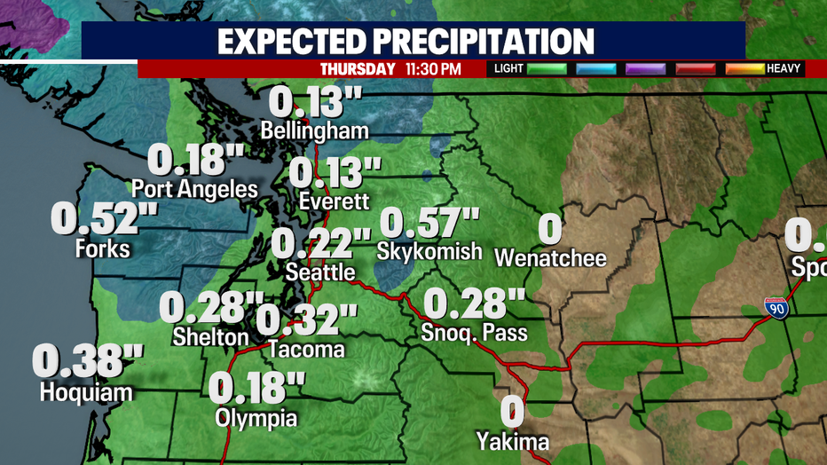 A map showing the expected precipitation totals in Washington.