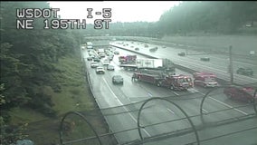 Jackknifed semi causes Shoreline traffic backup on I-5 South