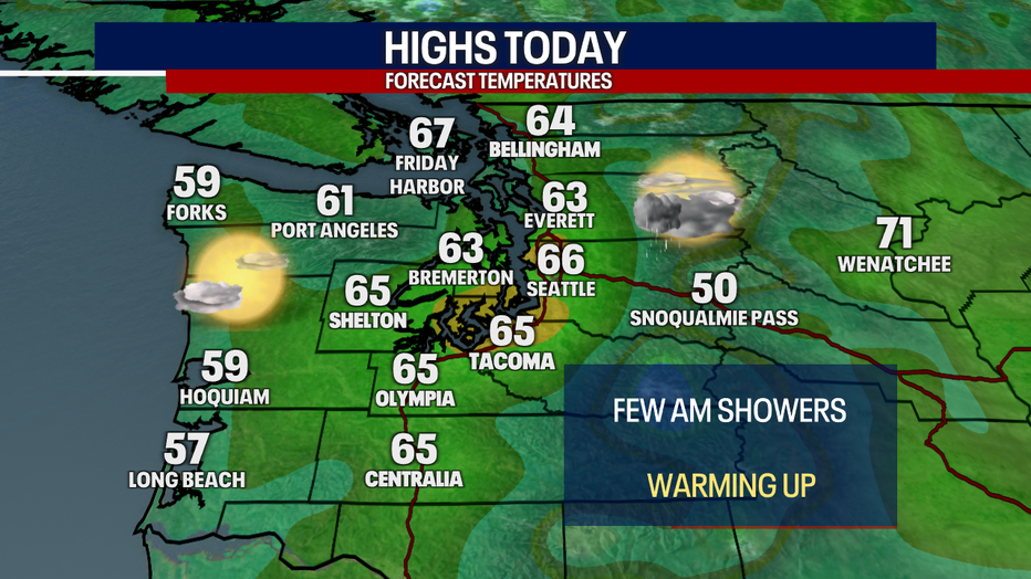 A map showing May's high temperatures so far in Seattle.