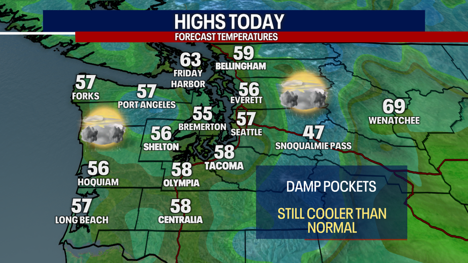 A map showing the high temperatures forecast for Western Washington Friday.