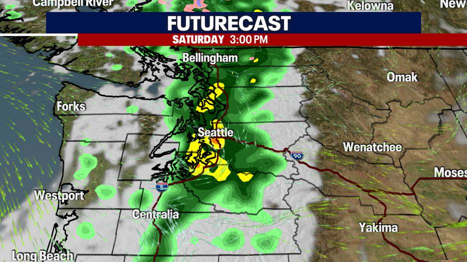 A map showing the rain Futurecast for Saturday afternoon.
