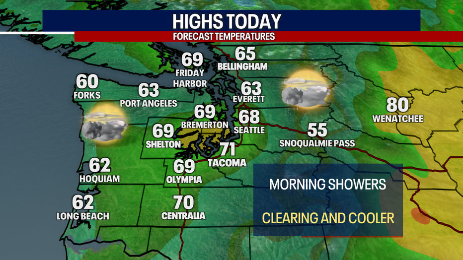 A map showing the high temperatures forecast for Thursday in Western Washington.