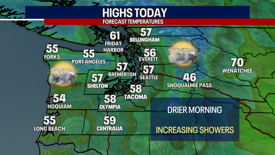 A map showing the high temperatures expected Thursday in Western Washington.