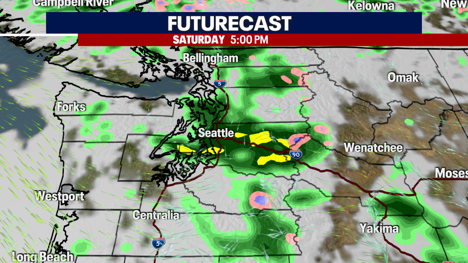 A map showing the Futurecast for rain Saturday afternoon.