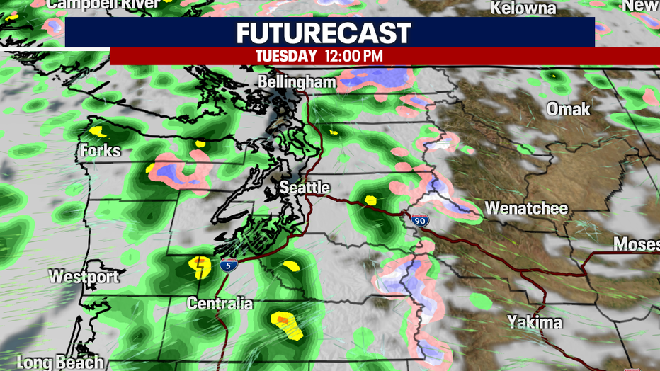 A map showing the expected rain Tuesday midday.