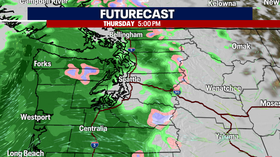 A map showing the futurecast rain Thursday afternoon in Western Washington.