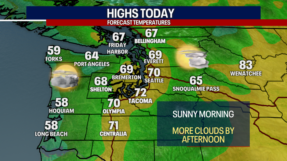 A map showing the high temperatures expected in Western Washington Friday afternoon.