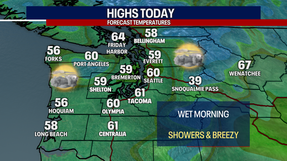 A map showing the high temperatures forecast for Western Washington Monday.