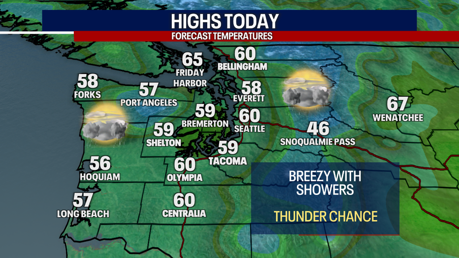 A map showing the high temperatures forecast for Tuesday in Western Washington.